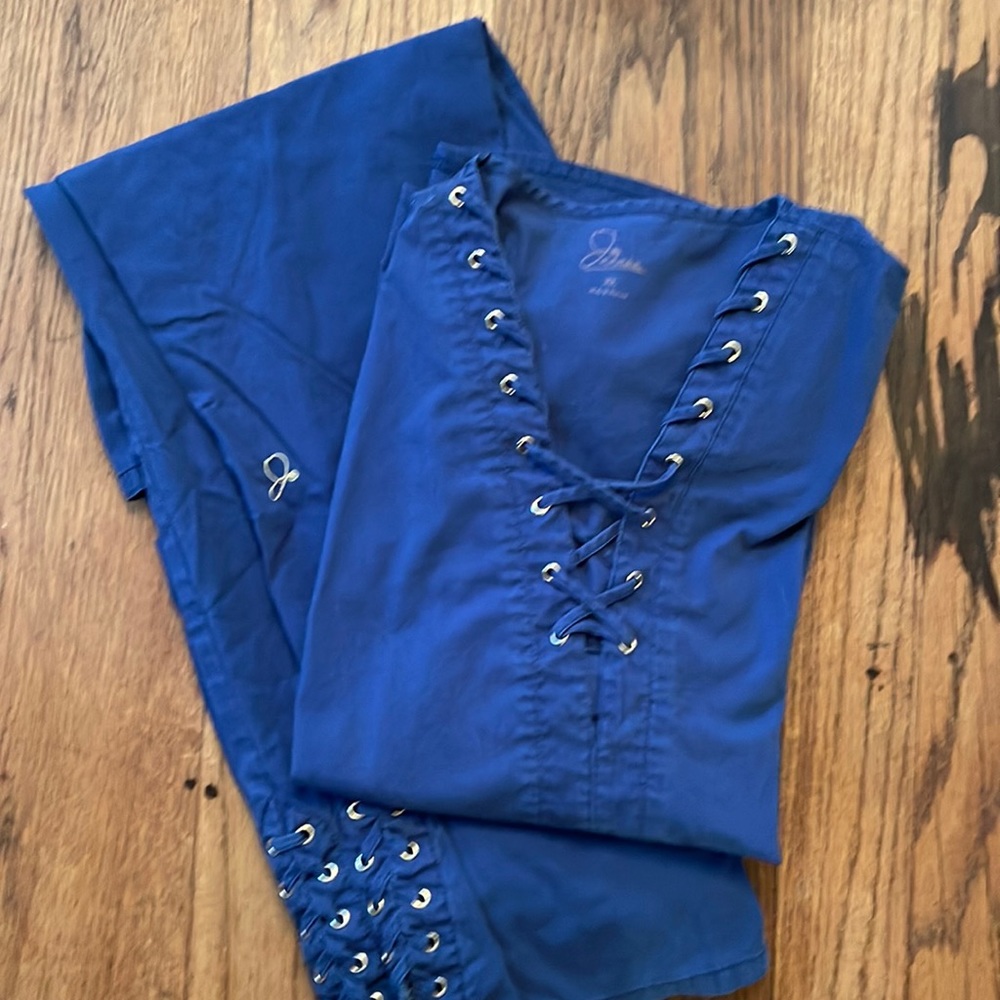 Jaanuu navy/royal blue with gold accents scrub set